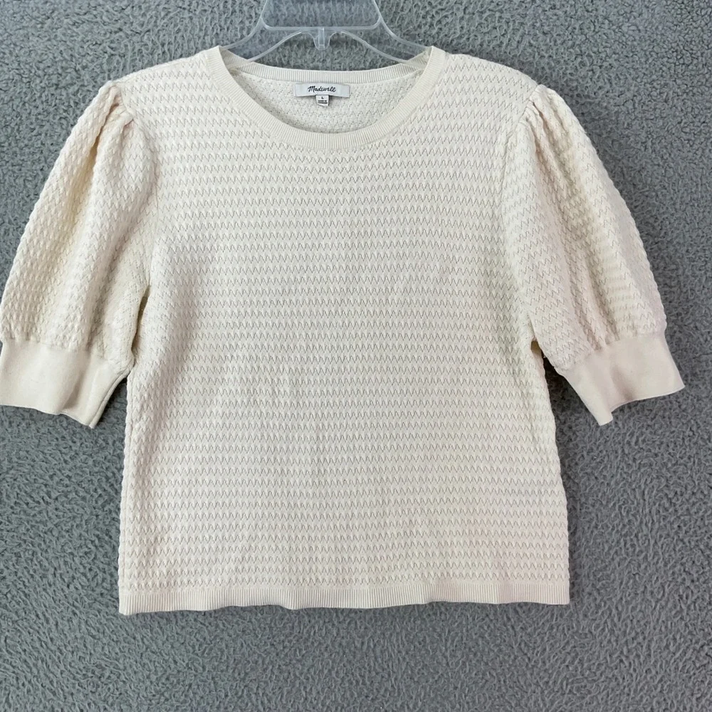 Madewell Pointelle Knit Top Womens Large Cream Textured Puff Sleeve Silk Wool